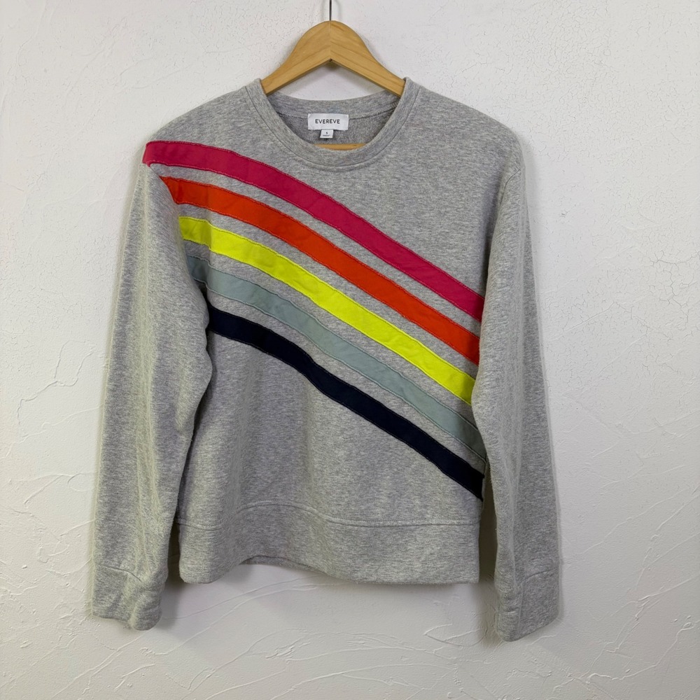 Evereve Rainbow Stripe Sweatshirt Womens Small Gray Crewneck Raw Edge Colorful